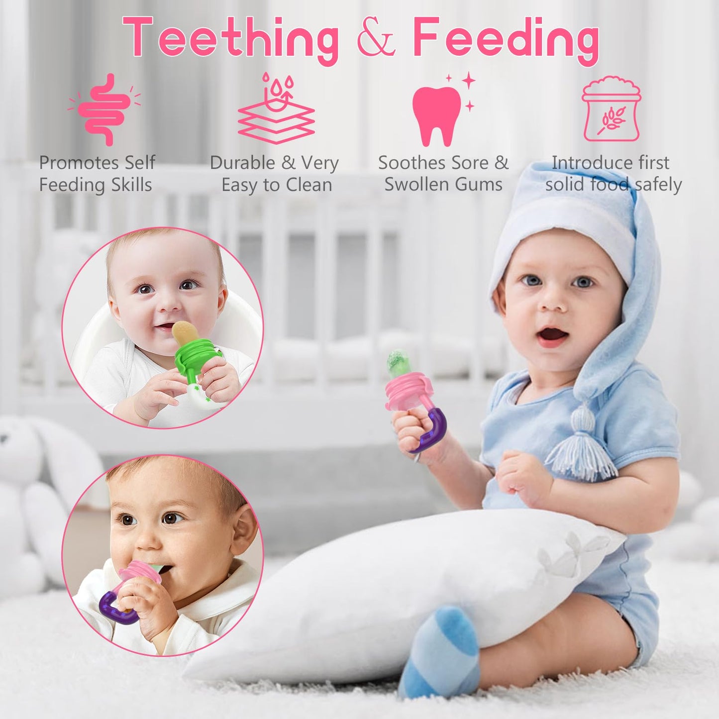 WAJIAYON Baby Fruit Feeder Pacifier | Infant Food Feeder Pacifier & Food Dispensing Spoon | Mesh Fresh Fruit Teethers for Babies | Silicone Feeder Baby Shower Gifts for Boys and Girls (Pink)