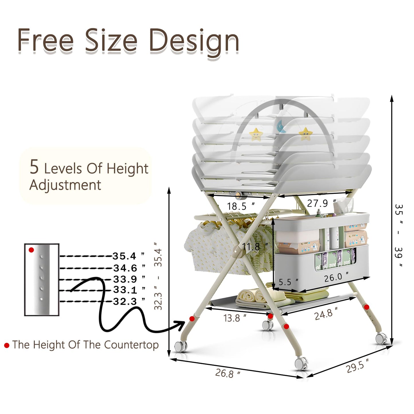 Foldable Portable Changing Table for Baby,Upgraded Style Baby Portable Diaper Changing Station with Wheels,Nursery Five Level Adjustable Height Changing Table with Organizer Storage(Green)