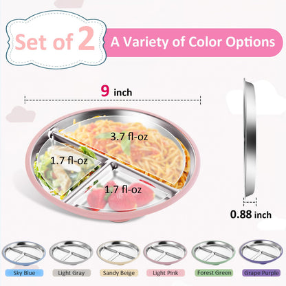Stainless Steel Baby Plate with Suction, 9” Divided Toddler Plates with Removable Silicone Sleeves for Kids, Non-Toxic Non-Slip Unbreakable Dishwasher Safe Dinnerware Set of 2, Pink & Beige