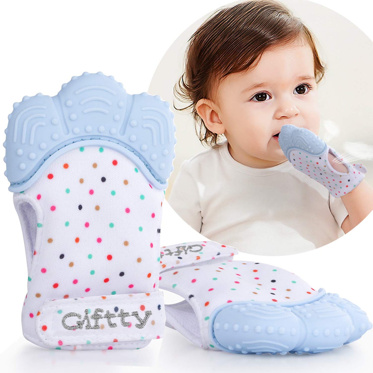 Giftty Baby Teething Mitten, Self-Soothing Teether Glove, Pain Relief Silicone Mitt, Double Breathable, Stay on Baby's Hand, Unisex for Babies 3-12 Months(2 Pink Mittens)
