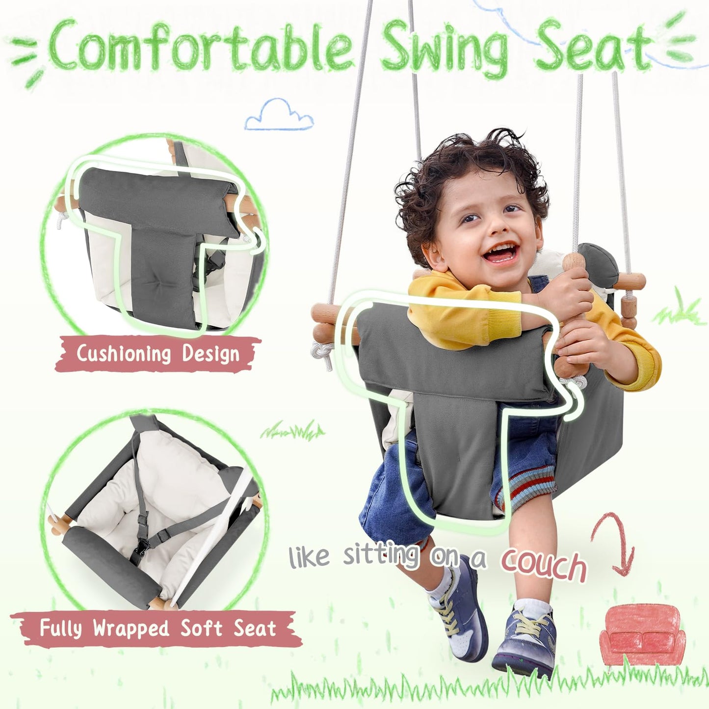 Baby Swing Indoor Outdoor,Secure Canvas Wooden Toddler Swing Seat, 3-Point Adjustable Safety Harness,Mounting Hardware Included,Gift for Boys and Girls,White