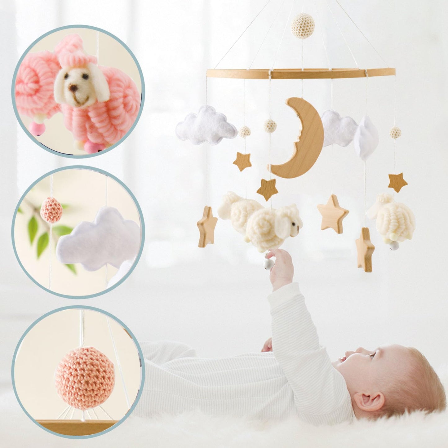 2025 Bohemia Theme Baby Mobile - Mobile for Crib, Crib Mobile for Boys and Girls, Nursery Decor Mobile, Clouds Moon Sheep Pendant Nursery Decor (Beige)