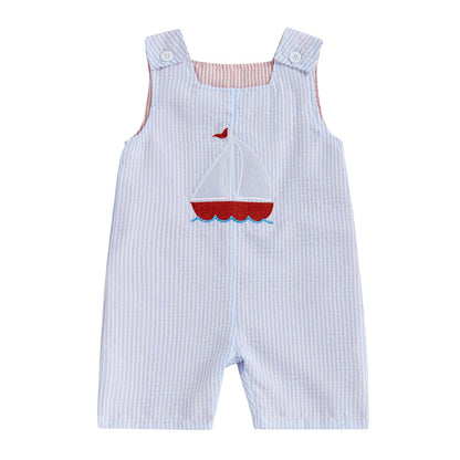 Baby Boy Summer Clothes Sleeveless Embroidery Dinosaur Striped Retro Romper Jumpsuit Smocked Shortall
