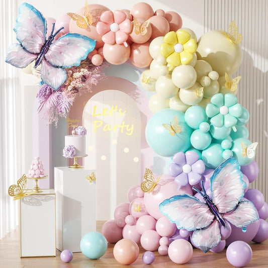 Butterfly and Daisy Flower Balloons Arch Garland Kit 164Pcs Pastel Purple Green Yellow Pink Orange Balloons with Butterfly Stickers for Birthday Party Baby Shower Decorations