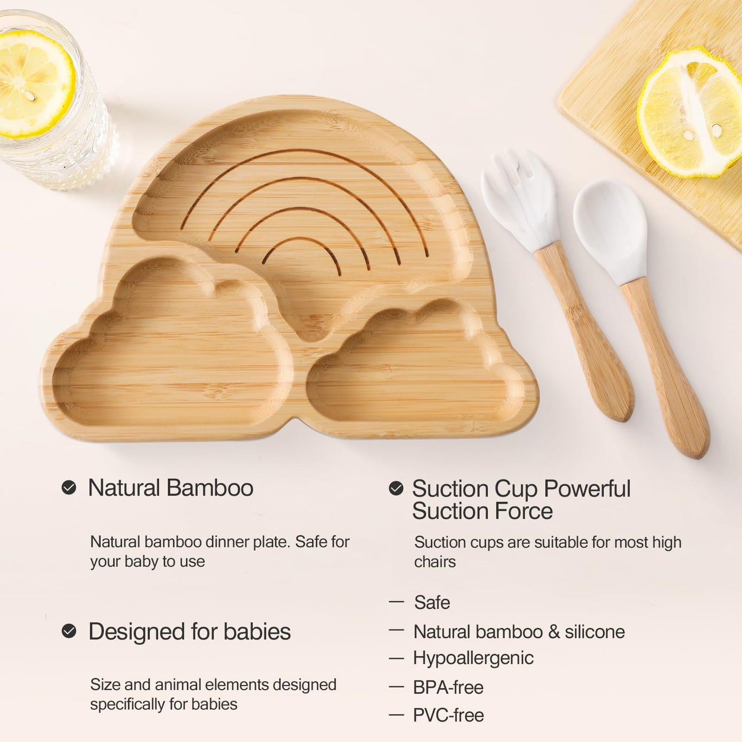 Bamboo Suction Plates Bowls Set for Baby Toddler Divided Platter Food bowl with Silicone Fork & Spoon All-Natural Baby Feeding Set for Baby-Led Weaning, Non-Slip Design