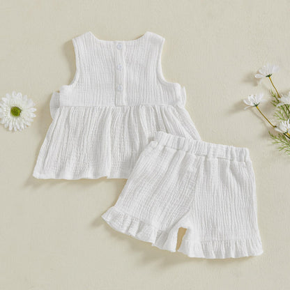 Kupretty Toddler Girl Summer Clothes Baby Solid Linen Outfit Bows Ruffle Tank Tops Shirts + Ruffled Short Set
