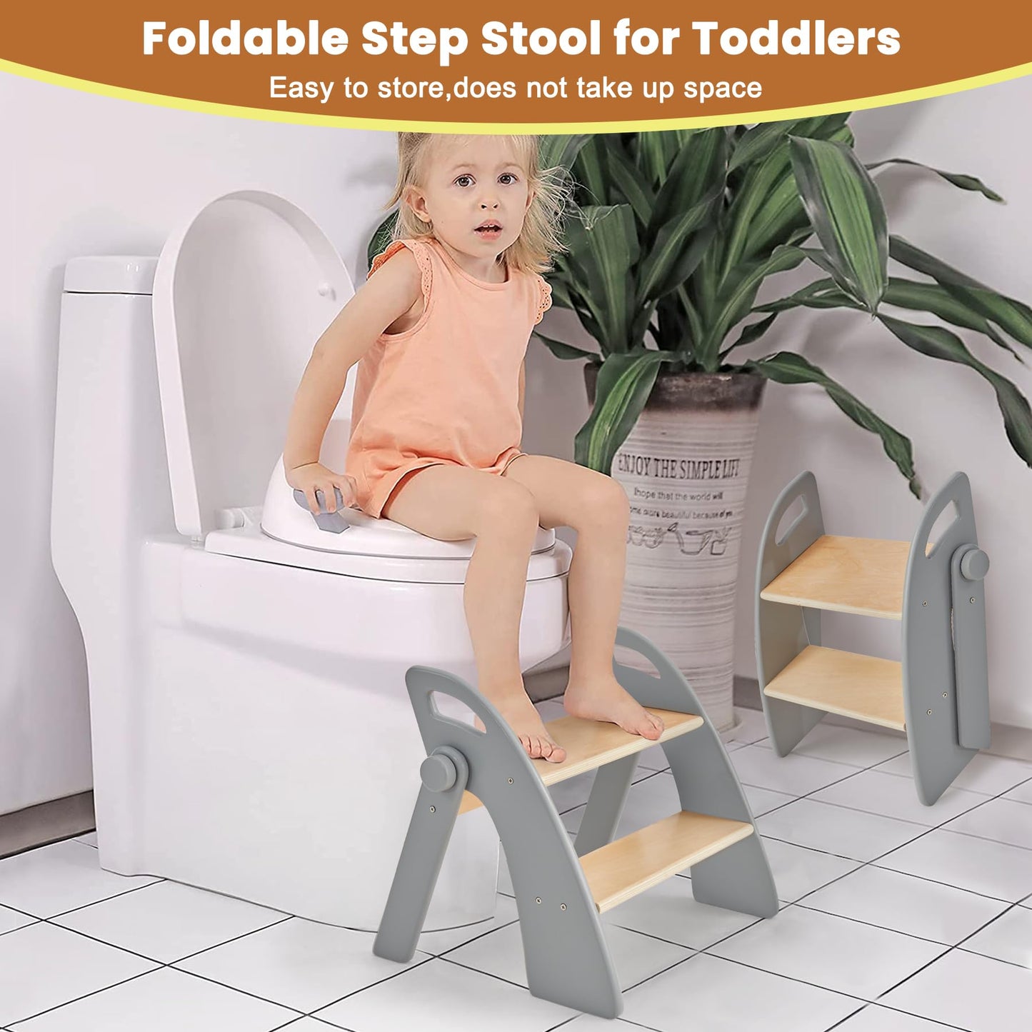 Wooden Step Stool, Two Step Stools, 300 lb. Load Capacity, with Safety Non-Slip Pads and Handles, Bamboo Step Stool for Bathroom and Kitchen, Children's Double Height Step Stools(Pink)