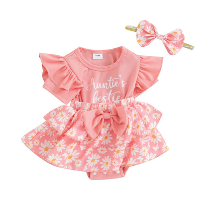 Baby Girls Daisy Romper Bowknot Bodysuit+Headband Short Sleeve Playsuits Floral Jumpsuit Infant Summer Clothes