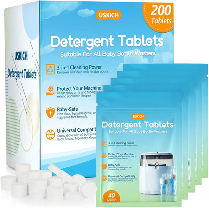 200Pcs Detergent Tablets for All Baby Bottle Washers, Deep Cleaning Momcozy Washer Tablets for Bottle Washer,Sterilizer,Dryer Like Brezza, GROWNSY-Easy to Use,Effective Cleaning with Safe