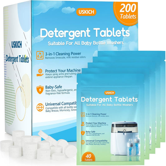 200Pcs Detergent Tablets for All Baby Bottle Washers, Deep Cleaning Momcozy Washer Tablets for Bottle Washer,Sterilizer,Dryer Like Brezza, GROWNSY-Easy to Use,Effective Cleaning with Safe
