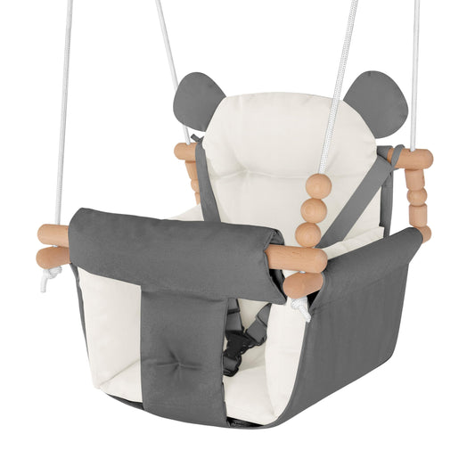 Baby Swing Indoor Outdoor,Secure Canvas Wooden Toddler Swing Seat, 3-Point Adjustable Safety Harness,Mounting Hardware Included,Gift for Boys and Girls,White