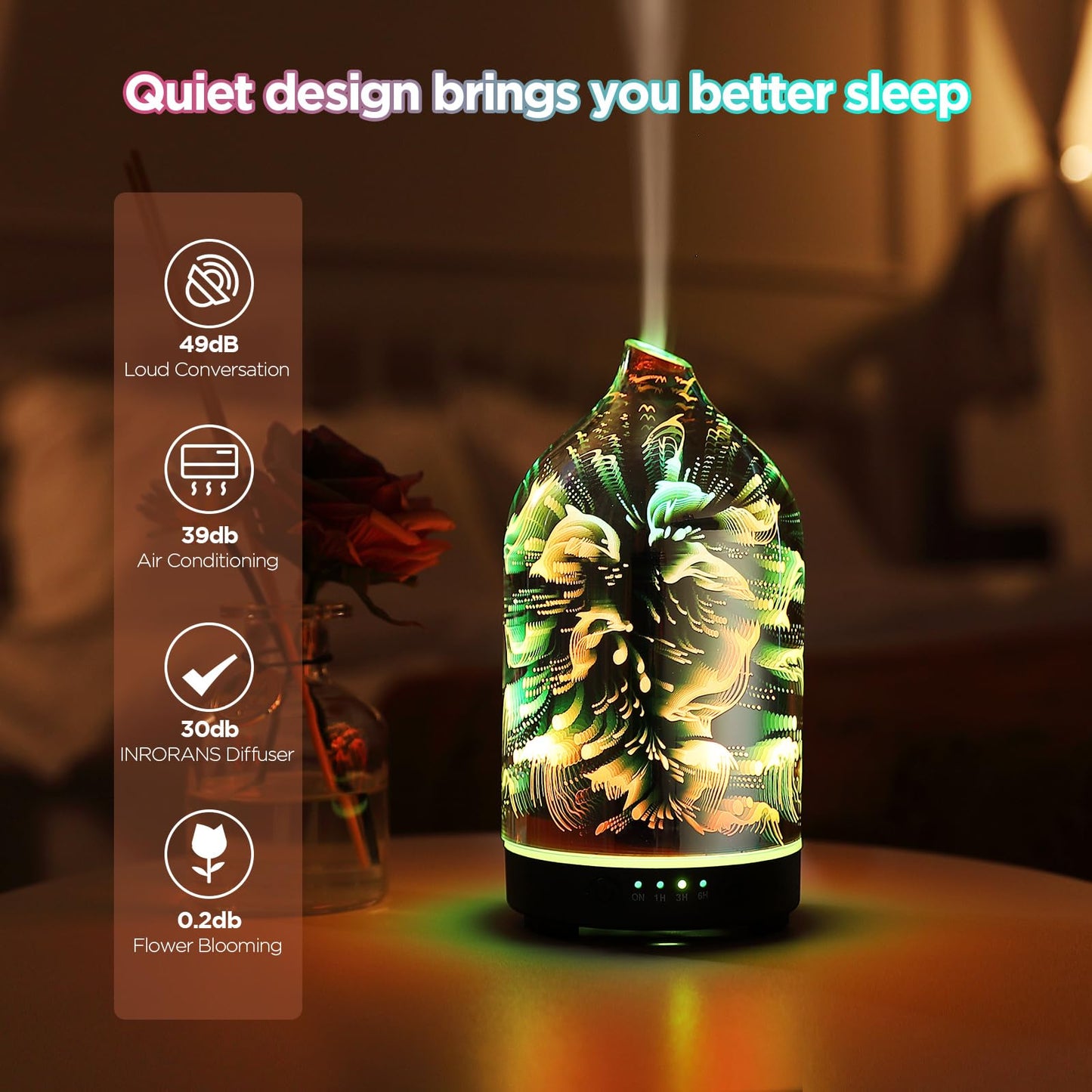 Essential Oil Diffuser Hand Blown Glass Aromatherapy Diffuser - Ultrasonic Cool Mist Scent Aroma Diffuser, Whisper Quiet with Auto Shut-Off, Timer Setting &7 Colors Night Light for Home