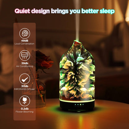 Essential Oil Diffuser Hand Blown Glass Aromatherapy Diffuser - Ultrasonic Cool Mist Scent Aroma Diffuser, Whisper Quiet with Auto Shut-Off, Timer Setting &7 Colors Night Light for Home