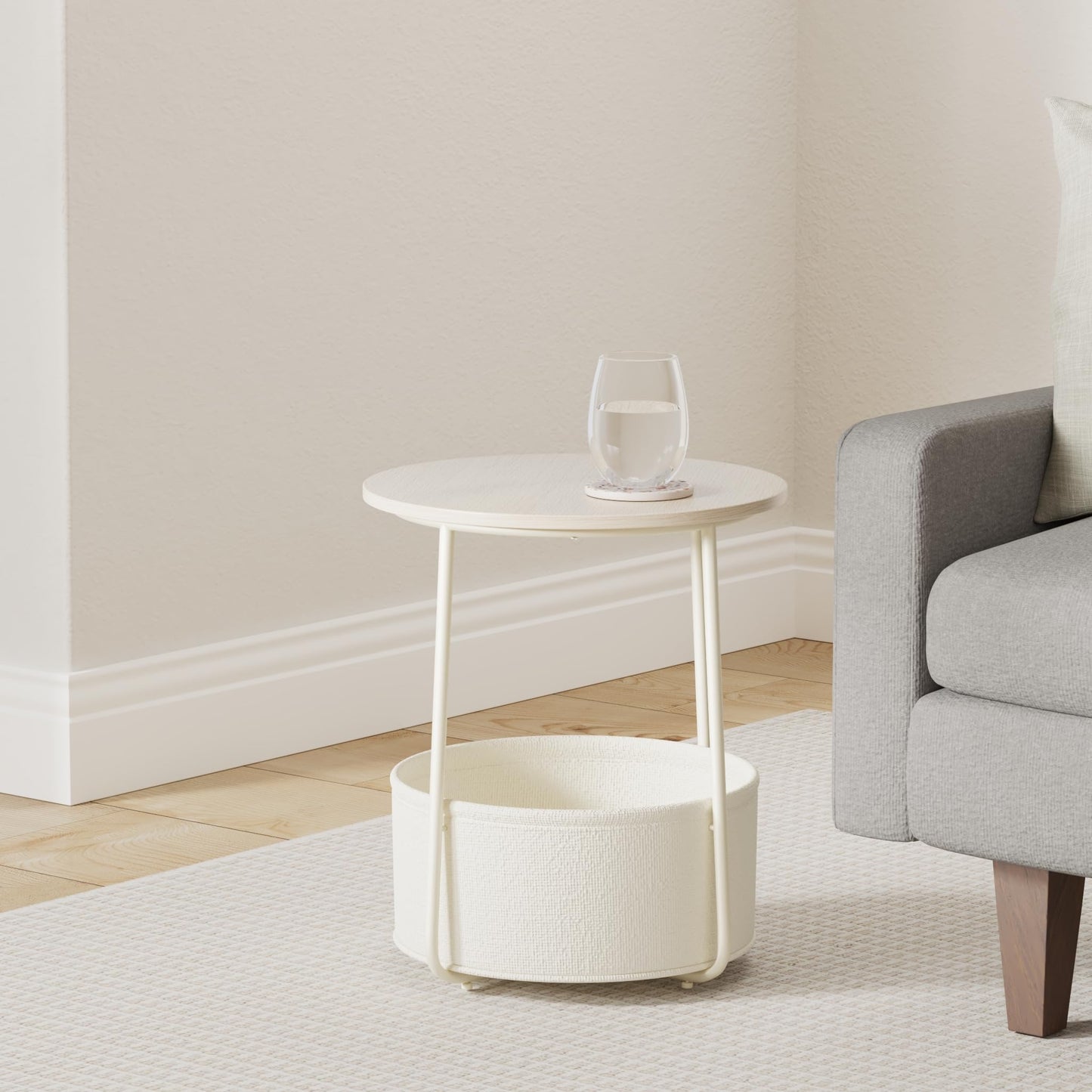 VASAGLE End Table, Small Bedside Table with Fabric Basket, Modern Nightstand, Round Side Table, for Living Room, Bedroom, Matte White and Camel Brown ULET223W10