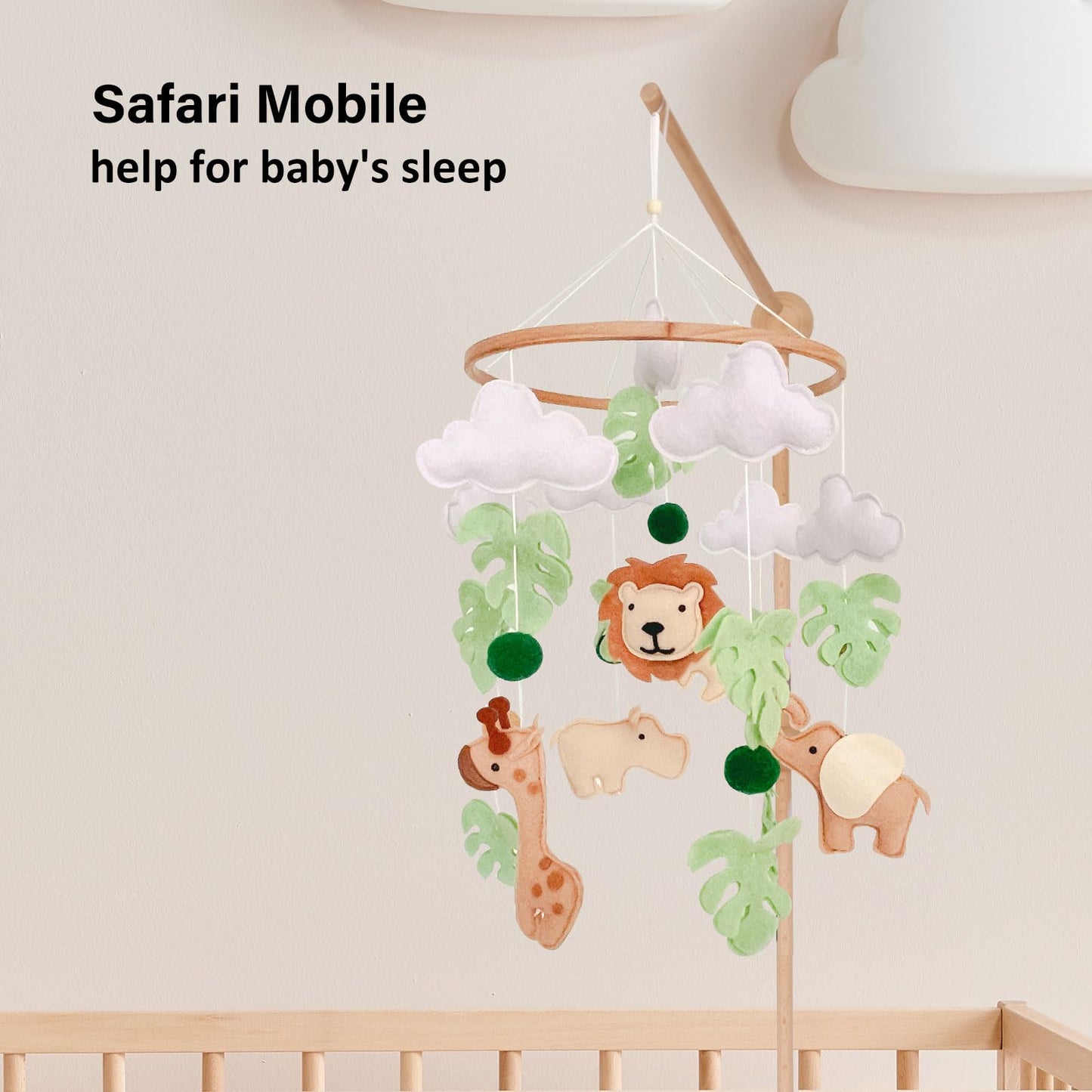 Safari Baby Mobile, Jungle Mobile for Crib, Crib Mobile for Boys and Girls, Nursery Mobile for Bassinet, Pack and Play,Lion Elephant Giraffe Hippopotamus Mobile