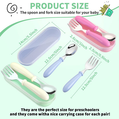 9 Pieces Toddler Utensils Stainless Steel Fork and Spoon Safe Baby Silverware Set, Kid Safe Utensils Children's Flatware Kids Cutlery Set with Round Handle for LunchBox (Blue, Green, Pink)