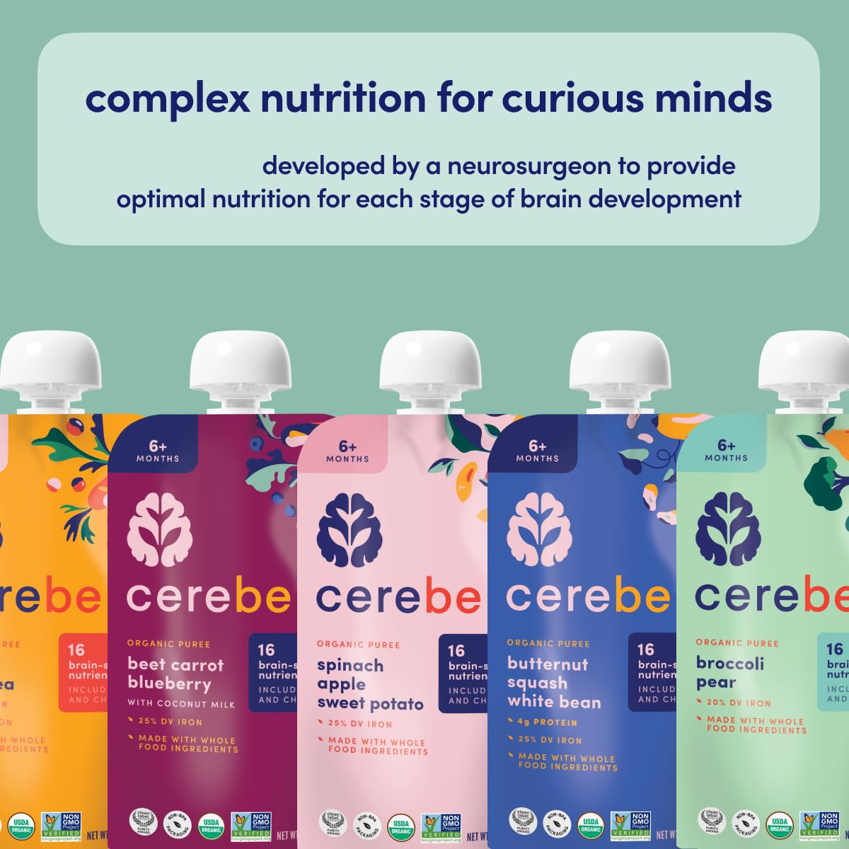 Cerebelly Organic Baby Food Pouches Variety Pack – Organic Veggie Purees for Toddlers | No Added Sugar, Fiber, Non-GMO | Blended Toddler Pouches | 4 Ounce BPA-Free Pouch | 4 Flavors | 8 Count