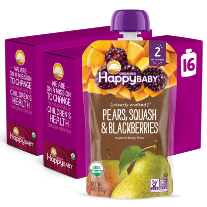 Happy Baby Organics Stage 2 Baby Food Pouches, Gluten Free, Vegan & Healthy Snack, Clearly Crafted Fruit & Veggie Puree, Fruit & Veggie Variety Pack, 4 Ounces (Pack of 10), Amazon Exclusive