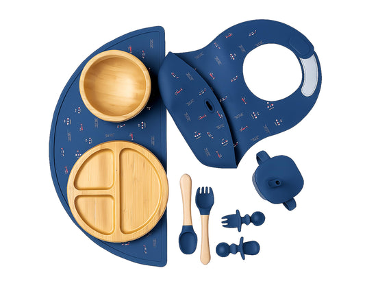 Bamboo Baby Feeding Set for Infants & Toddlers - Baby Essentials, Non-Toxic, Sustainable, Bamboo Suction Plate & Bowl, Bib, Sippy Cup w/Lid & Straw, Daily Use, Travel, Baby Shower Gifts (Pink)
