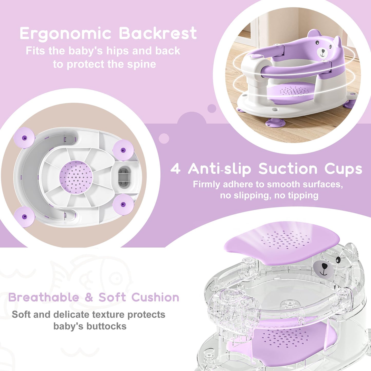 Baby Bath Seat for Babies 6 Months & Up, Toddler Bath Seats for Babies Sitting Up, Non-Slip Infant Bath Tub Chair with 4 Suction Cups & Soft Cushion for Shower, Compact Toddler Bathtub Seat, Pink