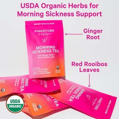 Pink Stork Organic Morning Sickness Pregnancy Tea - Hot or Iced Tea - Prenatal Heartburn, Indigestion, and Constipation Support - 1st Trimester Pregnancy Must Haves - Ginger Peach, 15 Sachets