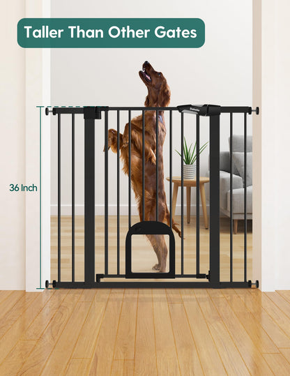 Babelio Upgraded Baby Gate with Cat Door, 29-43" Auto Close Durable Dog Gate for Stairs, Doorways and House, Easy Walk Thru Safety Gate with Pet Door Includes 4 Wall Cups, Black