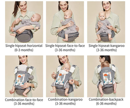Bebamour Baby Carrier Newborn to Toddler-2 in 1 Hip Seat & Carrier Front and Back Carry with Head Hood & 3 Pieces Teething Pads& Waist Extenders & Storage Bag 0-36 Months (Green)