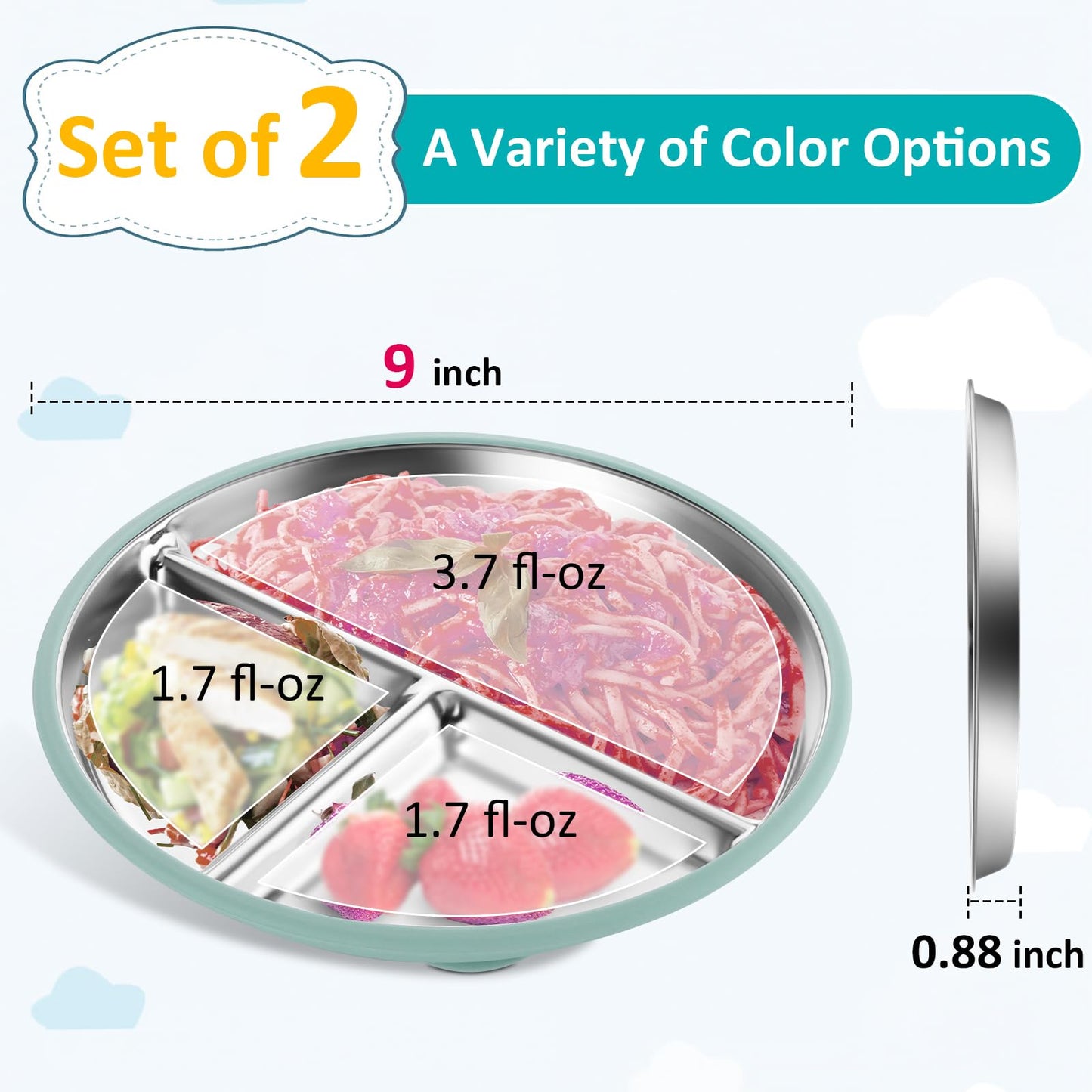 Stainless Steel Baby Plate with Suction, 9” Divided Toddler Plates with Removable Silicone Sleeves for Kids, Non-Toxic Non-Slip Unbreakable Dishwasher Safe Dinnerware Set of 2, Pink & Beige