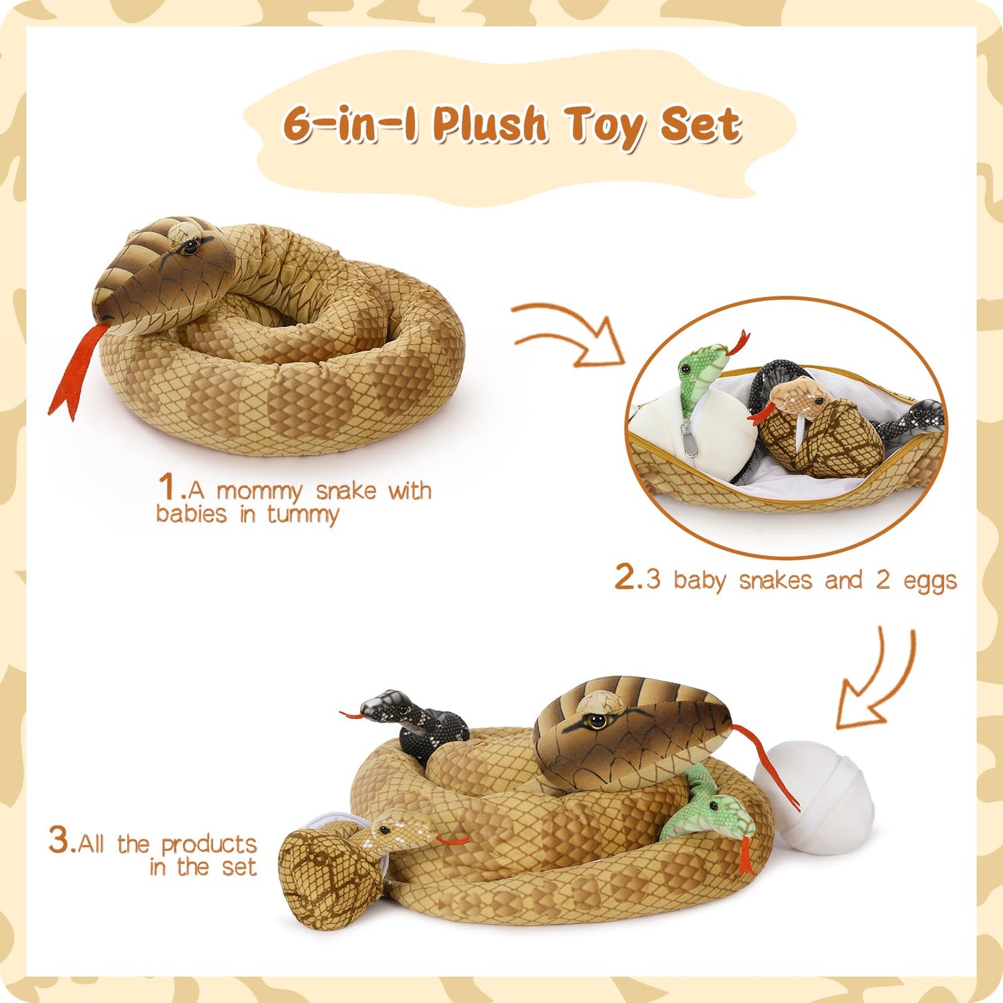 MorisMos Snake Stuffed Animals Plush Toy 120 Inch Giant Snake Plush with Babies Stuffed Snake Toys for Kids Plush Party Decorations Favors Prank Props, 4 Snake Babies, 3 Snake Eggs