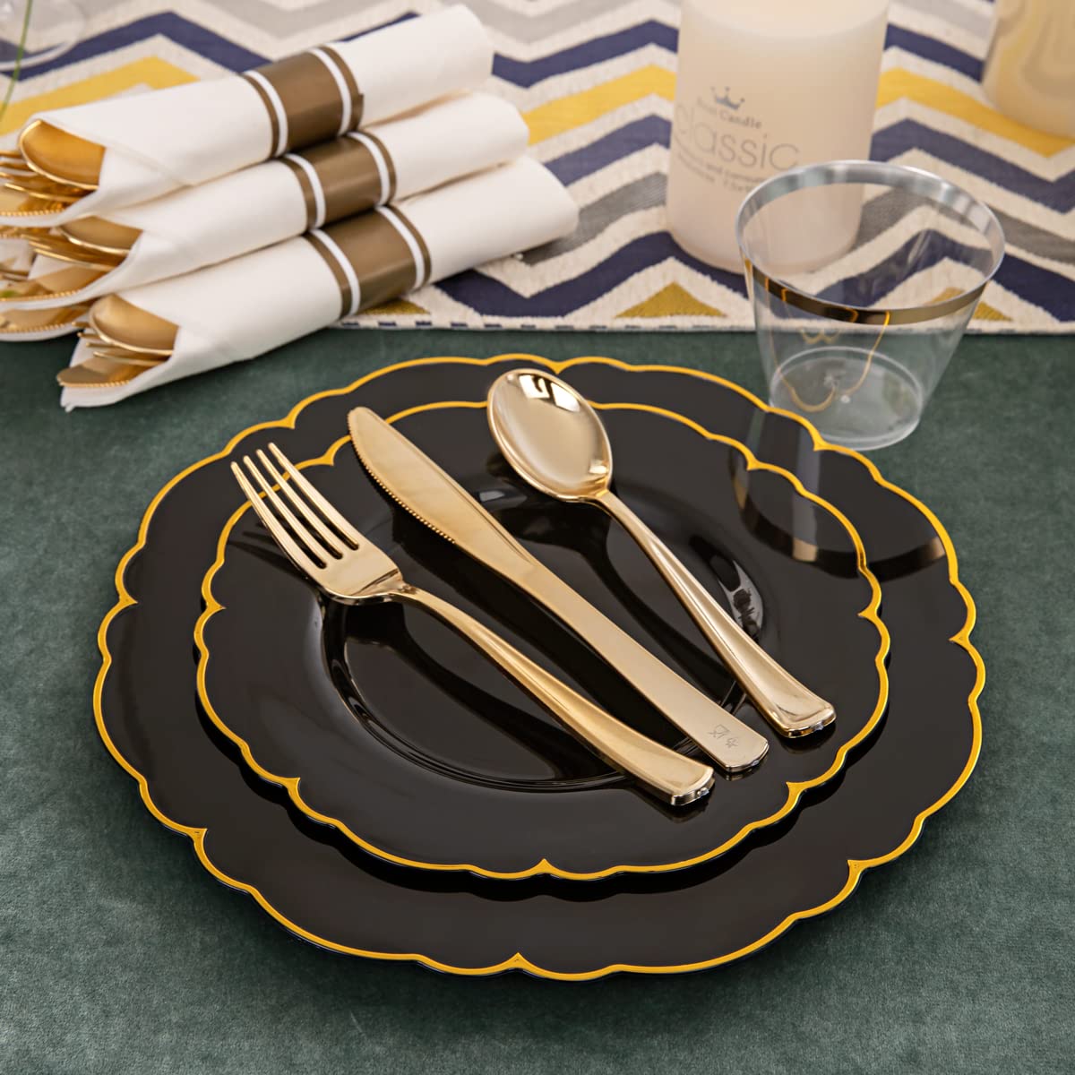 Morejoy 175PCS Rose Gold & Silver Plastic Dinnerware Set: 25 Plates, 25 Forks, 25 Knives, 25 Spoons, 25 Cups, 25 Napkins - Perfect for Wedding & Party