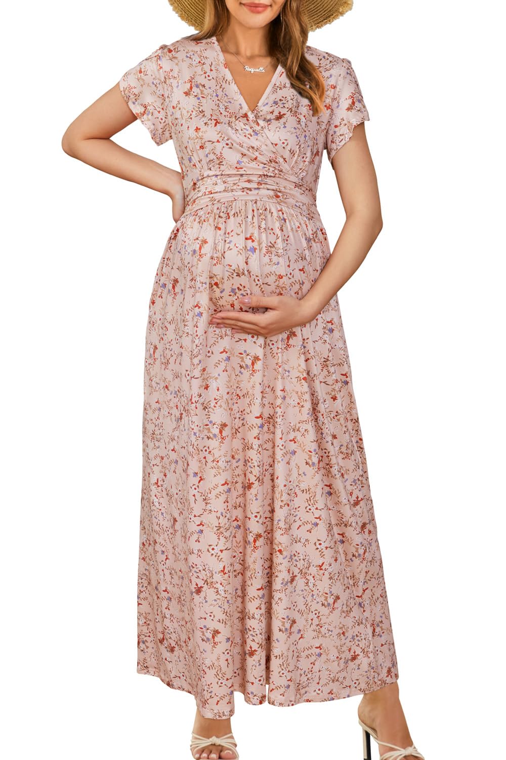 OUGES Maternity Maxi Dress Wrap V Neck Baby Shower Pregnancy Dresses for Photoshoot