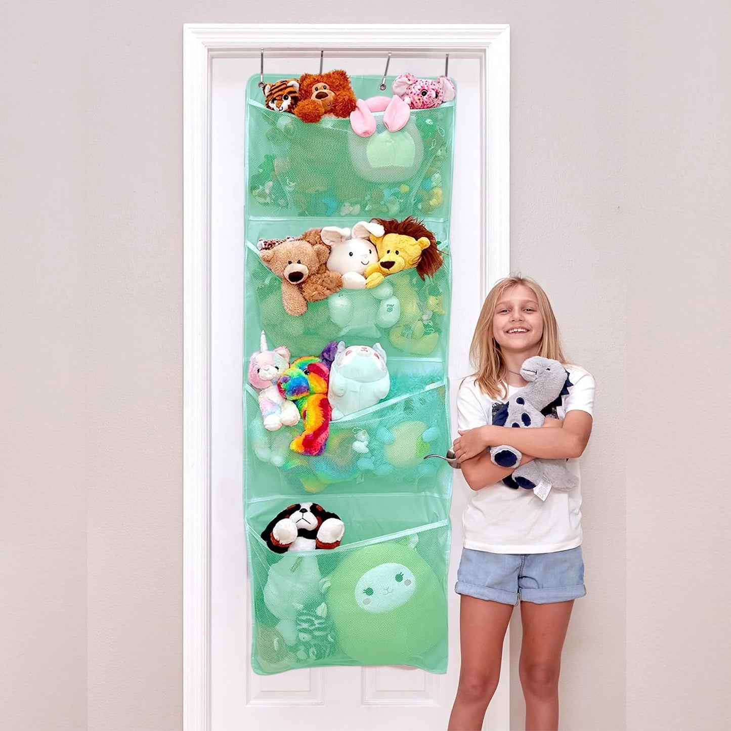 Lilly's Love Corner Stuffed Animal Toy Storage Hanging Organizer | 5 Expandable Mesh Net Pockets, Stores Loads of Plush Toys | Large Plushie Display for Boys, Girls | Pink
