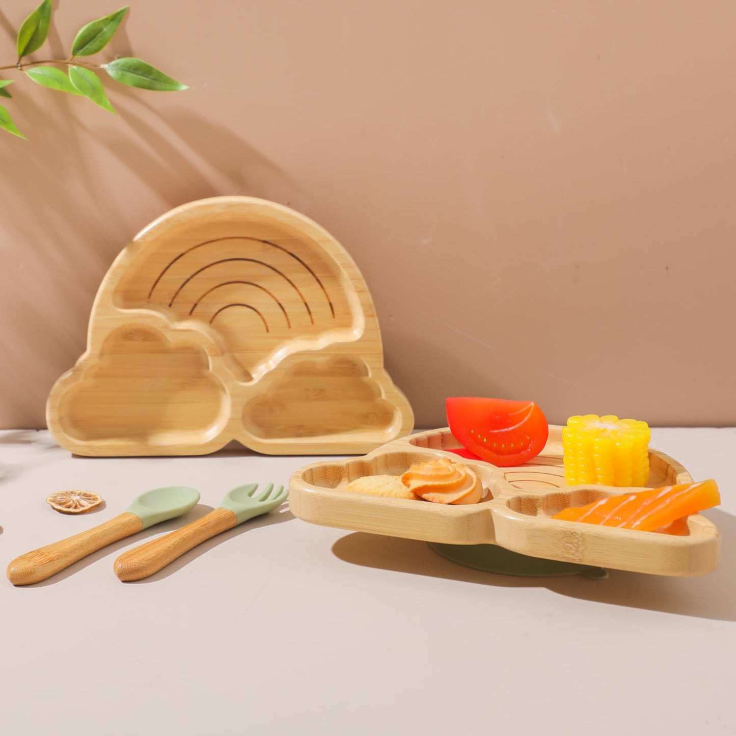 Bamboo Suction Plates Bowls Set for Baby Toddler Divided Platter Food bowl with Silicone Fork & Spoon All-Natural Baby Feeding Set for Baby-Led Weaning, Non-Slip Design