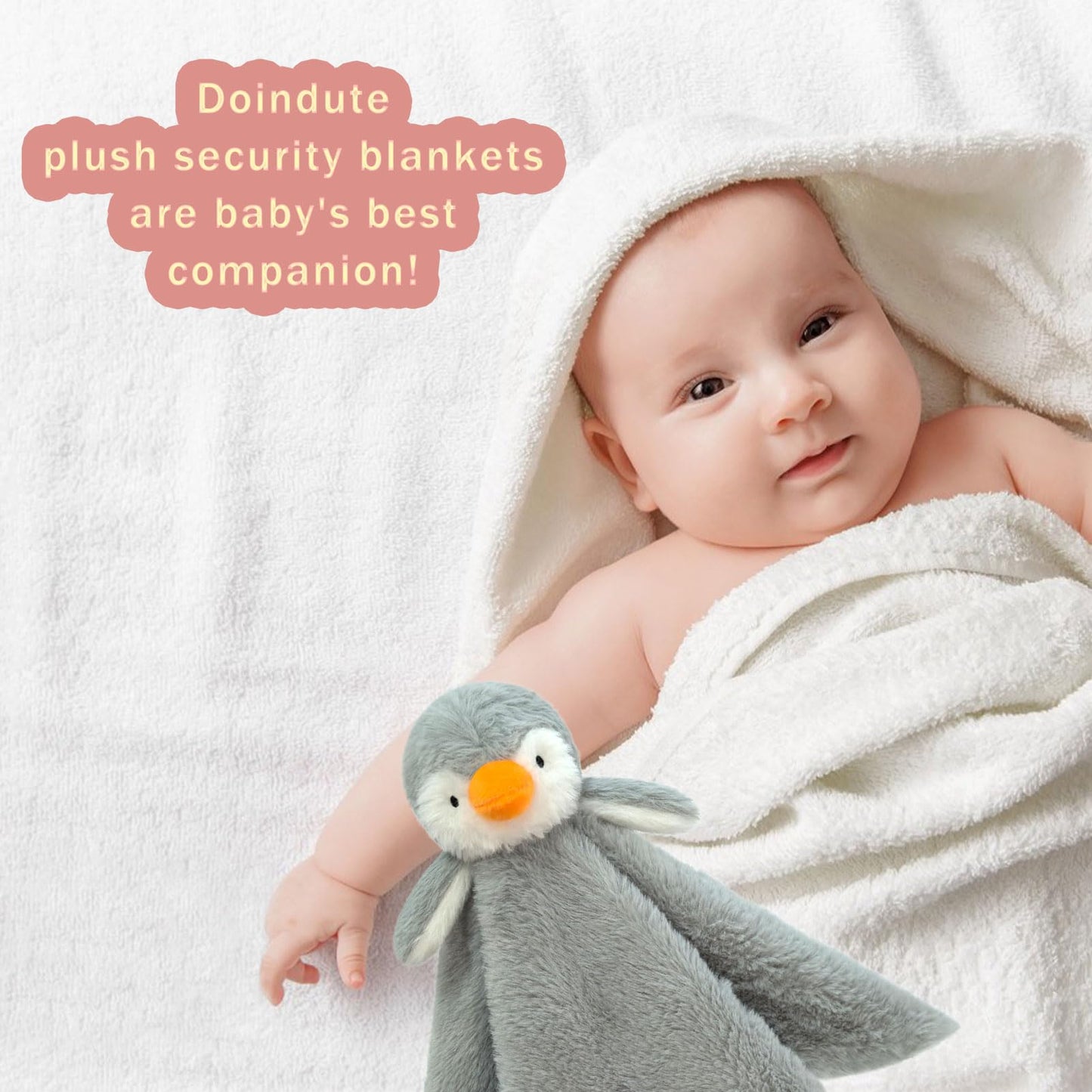 Baby Gray Penguin Soft Stuffed Animal Security Blanket, Plush Penguin Character Lovey Blanket, Baby Shower/Nursery Gift, Newborn Infant Toddler Snuggle Blankie for Girls Boys, 14 Inches