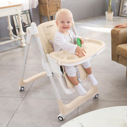 3-in-1 Foldable High Chair for Babies & Toddlers – Adjustable Height, Reclining Seat, 5-Point Safety Harness, Removable Tray, Lockable Wheels and Washable Cushion, Beige