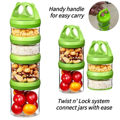 SELEWARE Portable Stackable Food Storage Containers for Snacks Formula Powder and Drinks Twist Lock System Airtight Leak-proof BPA and Phthalate Free 4 Piece Jars 31oz Blue