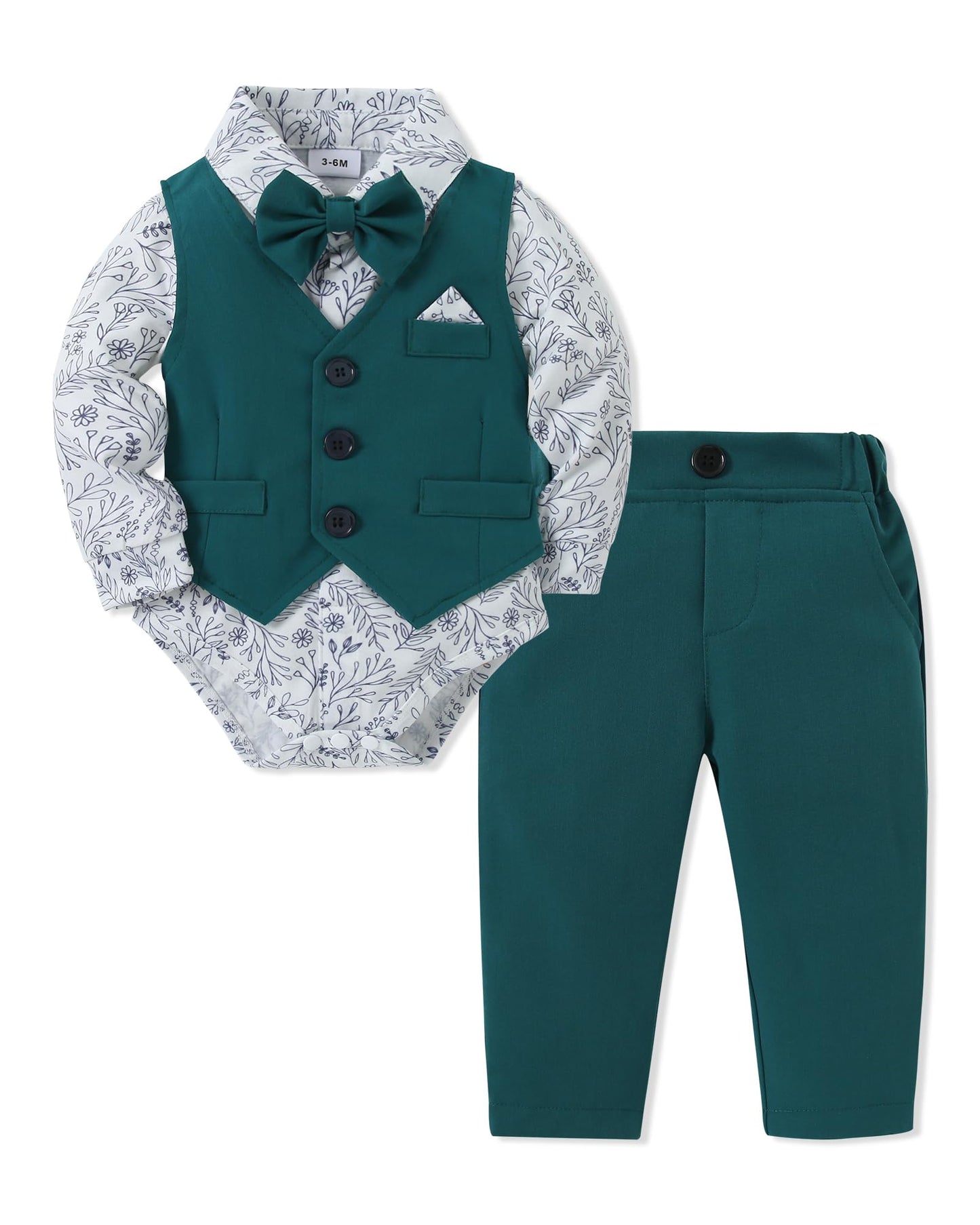 DISAUR Baby Boy Clothes Toddler Boy Outfits 4PCS Gentleman Dress Romper/Vest/Pants/Bow Tie Cotton Suit Sets