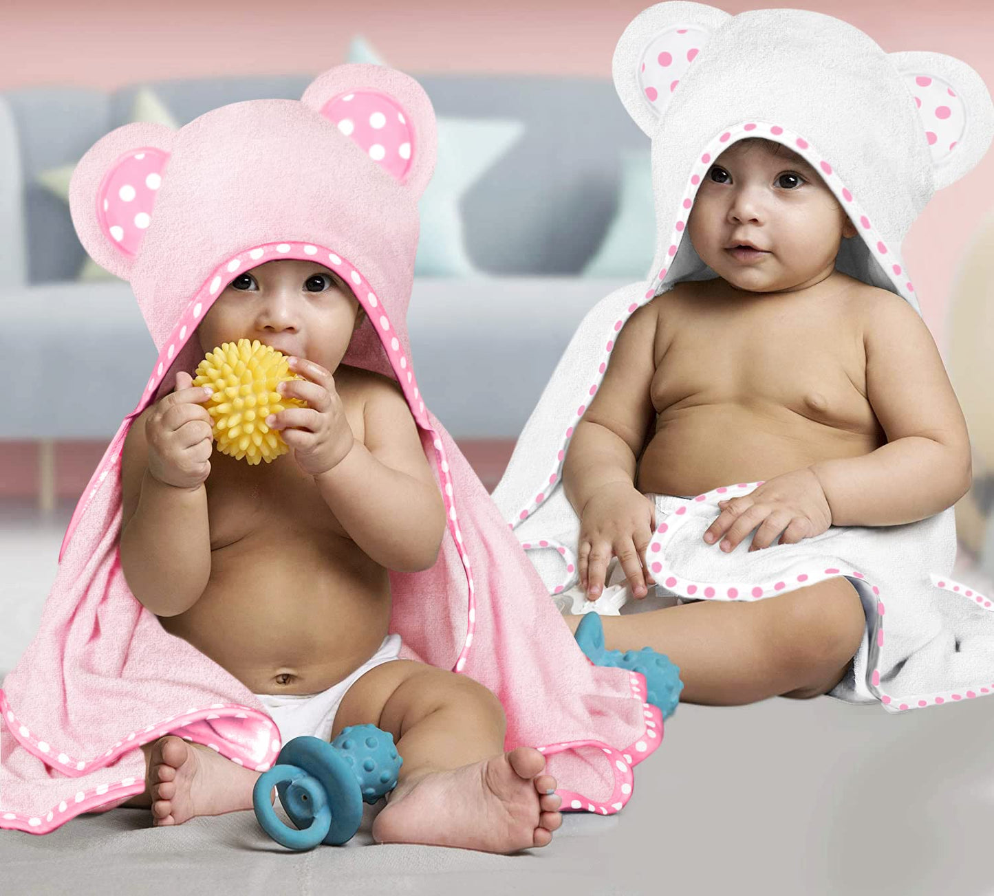 Set of 2 Hooded Baby Towels – White and Grey – Luxurious, Large and Super Absorbent – 30 x 30 Inch – Soft and Suitable for Infants, Toddlers and Kids – 400 GSM