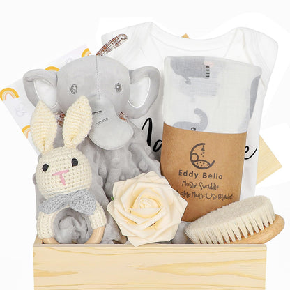 Baby Gift Set for Newborn, Baby Shower Gifts, Wooden Baby Gift Basket Essentials Includes Infant Swaddle Blanket Onesies Rattle Toy Hair Bursh, New Born Baby Christmas Gifts for Girls Boys