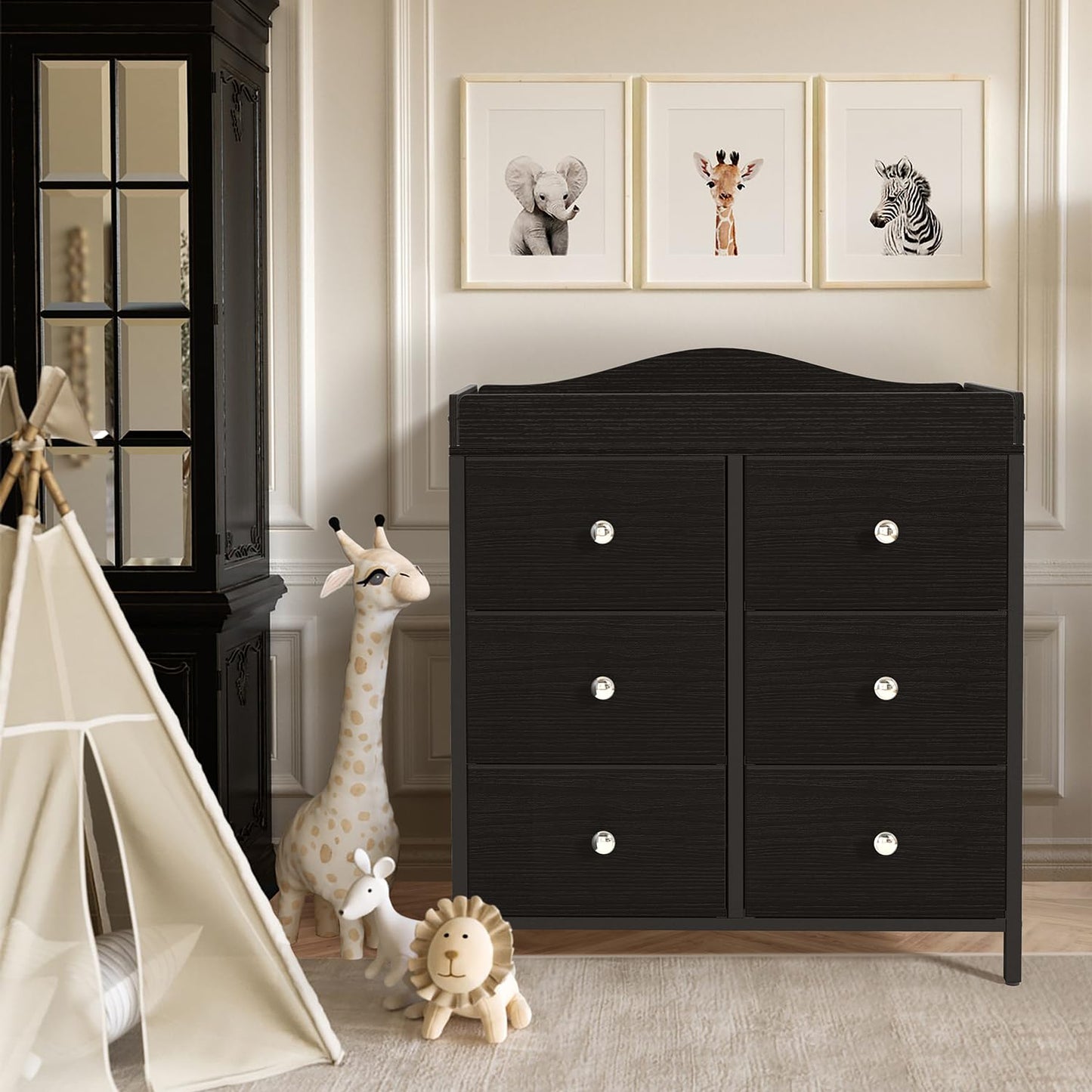 BOLUO Changing Table Dresser with 6 Fabric Drawers, Baby Dresser with Changing Table Top Diaper Changing Station with Storage for Nursery Modern