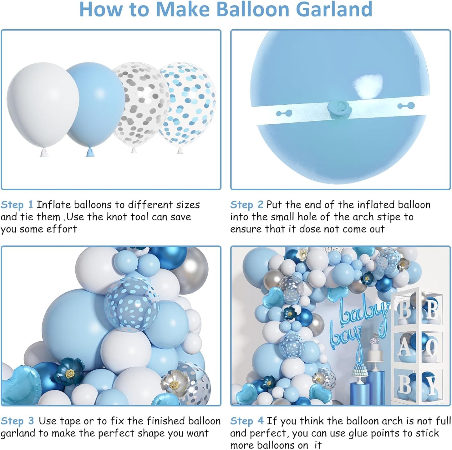 Amandir 137pcs Baby Blue Balloons Baby Shower Decorations for Boy with Baby Boxes, White Blue Balloon Arch Kit Baby Boxes with Letter (A-Z+Baby+Boy) for Boy 1st Birthday Gender Reveal Party Supplies