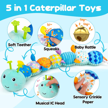 Baby Sensory Toy 0-6 Month Music Animal Stuffed Plush Caterpillar Toy for Infant 0-3-6 Month Tummy Time with Baby Mirror Crinkle Rattle for 6-12 Month Carseat Toy for Newborn Boys Girls Shower Gifts