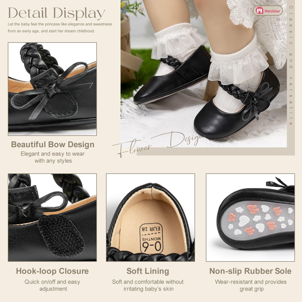 Meckior Infant Baby Girls Boys Handmade Princess Flats Toddler First Walkers Soft PU Leather Non-Slip Crib Wedding Dress Shoes
