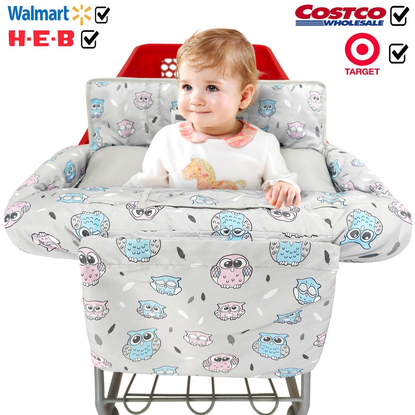 Soft Pillow Attached 2-in-1 Shopping Cart and High Chair Cover for Baby, Cotton Padded Cart Cover, Fold'n Roll Style, Portable with Carry Bag (Blue Elephant)