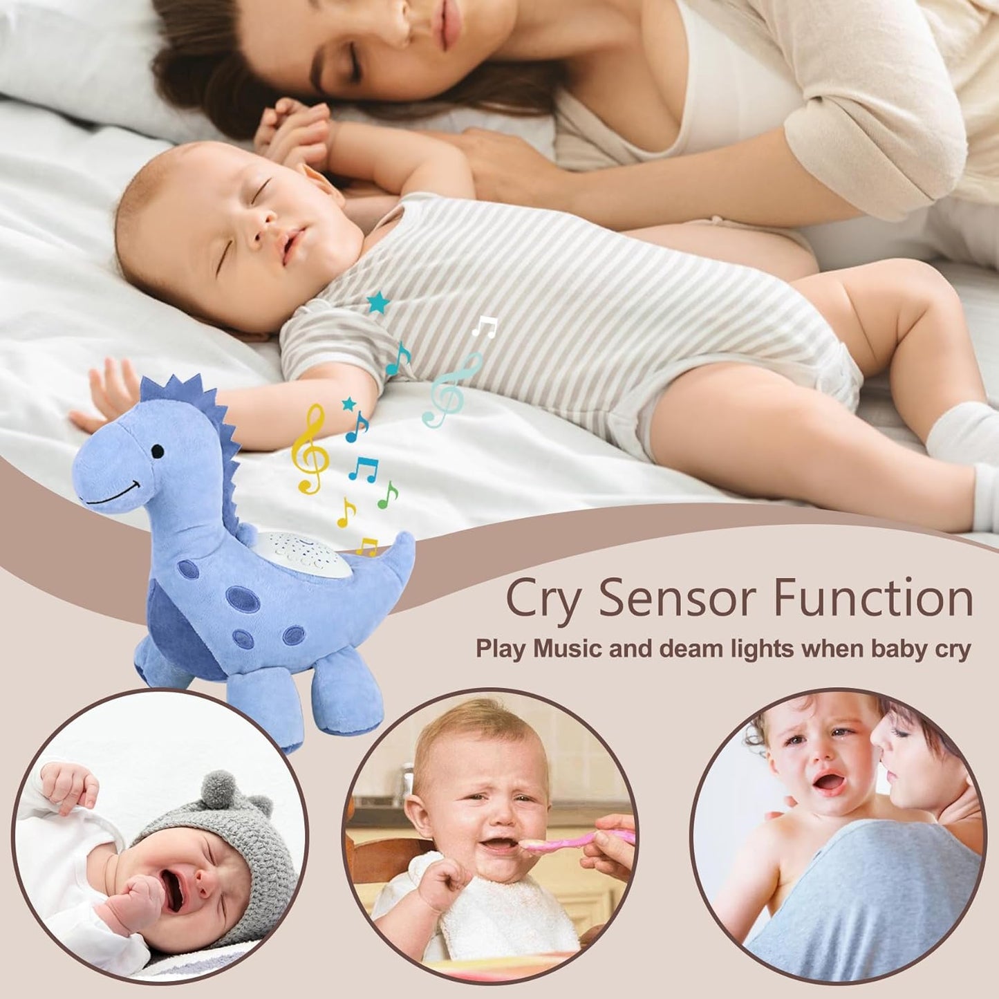 Baby Sleep Soother Cry Sensor Dinosaur Night Light Projector Baby Sound Machine Plush Stuffed Animal Toys for Boys Girls Pillow Ceiling for Toddler Lullabies & White Noise Sound