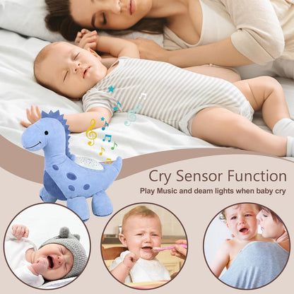 Baby Sleep Soother Cry Sensor Dinosaur Night Light Projector Baby Sound Machine Plush Stuffed Animal Toys for Boys Girls Pillow Ceiling for Toddler Lullabies & White Noise Sound