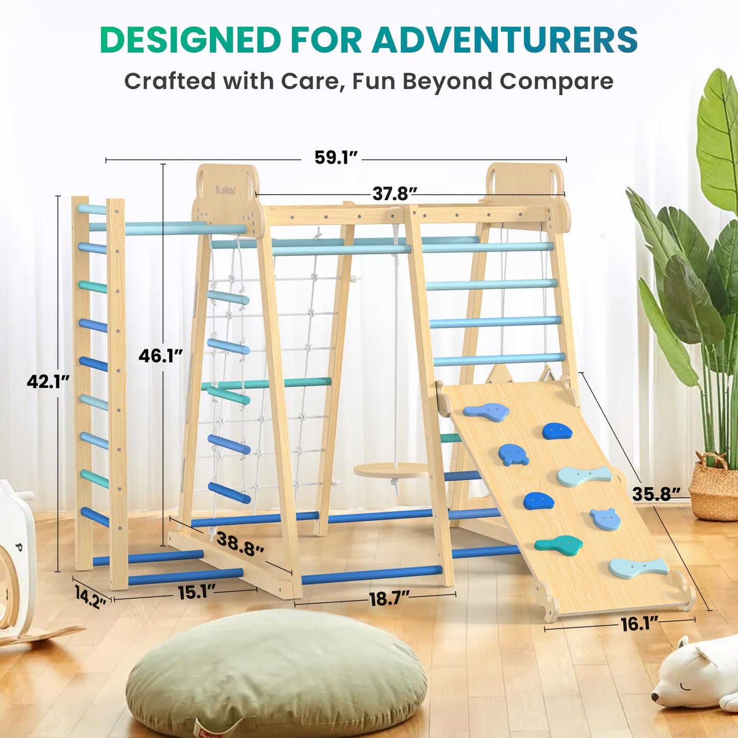 Upgraded Indoor Playground 9-in-1 Jungle Gym Kids Climbing Toys, Montessori Philosophy Waldorf Style Wooden Climber Playset with Slide, Swing, Monkey Bars, Upright/Rope Ladder, Climb Net, Rainbow