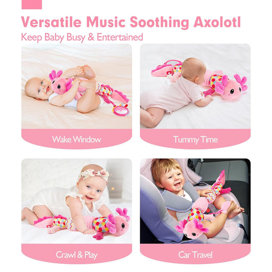hahaland Tummy Time Toys for Babies 0-6 Months - Musical Axolotl Plush with Rattle, Teether, Mirror, Squeaky, Crinkle - Infant Toys 0-12 Months Baby Gifts