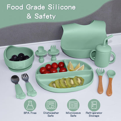 Silicone Baby Feeding Set, 10PCS Baby Led Weaning Supplies with Suction Bowl and Divided Plate, Bib Baby Cup Spoons Forks -Baby Feeding Essentials for 6+ Months