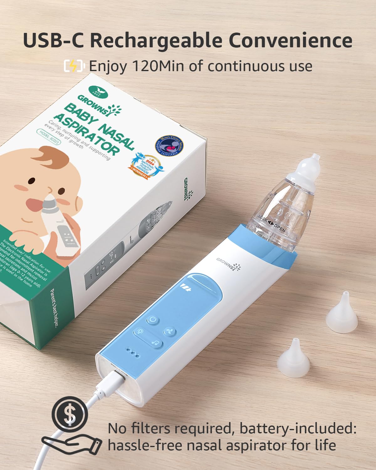GROWNSY Nasal Aspirator for Baby, Electric Nose Aspirator for Toddler, Baby Nose Sucker, Automatic Nose Cleaner with 3 Silicone Tips, Adjustable Suction Level, Music and Light Soothing Function
